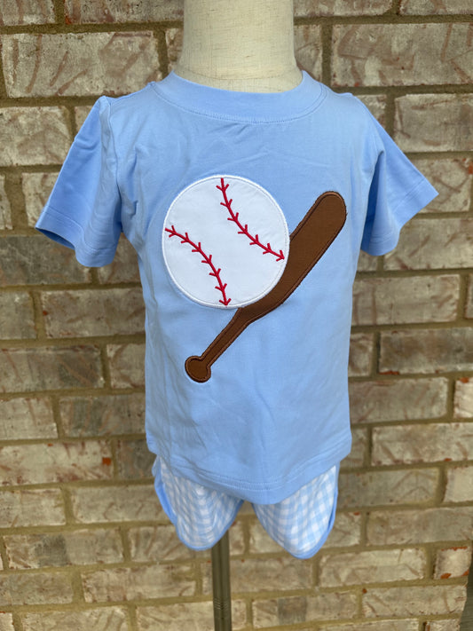 BOYS BLUE GINGHAM BASEBALL SHORT SET