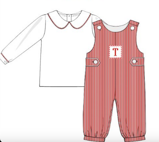 RED PINSTRIPE SMOCKED ROMPER